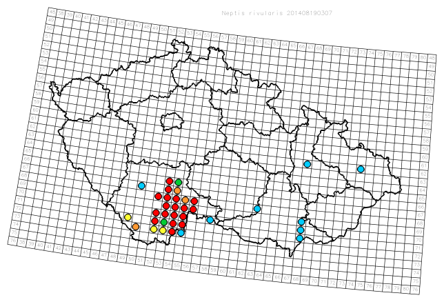 Mapka rozšíření bělopáska do roku 2014. Červené jsou nálezy po roce 2002. Čím chladnější barva, tím je nálezový údaj starší.